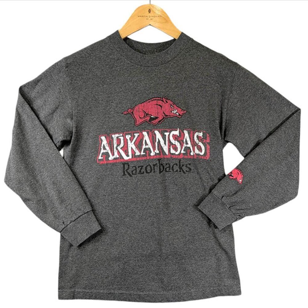 Arkansas Razorbacks T-Shirt Small Gray Cuffed Long Sleeve‎ Woo Pig Sooie Hogs